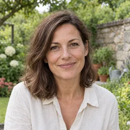 Camille Rousseau, photographiée de face dans un jardin, devant un mur de pierre et des hortensias.