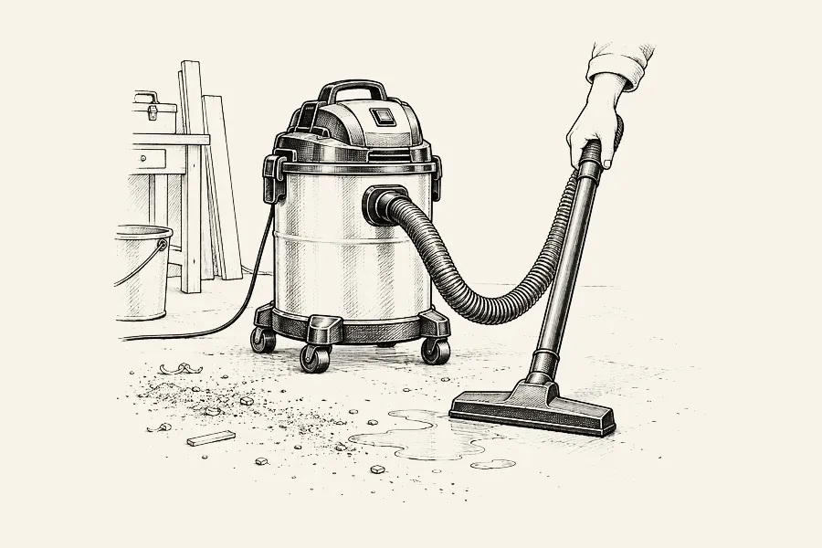 Dessin au trait : un aspirateur à cuve sur roulettes dans un atelier, flexible en main