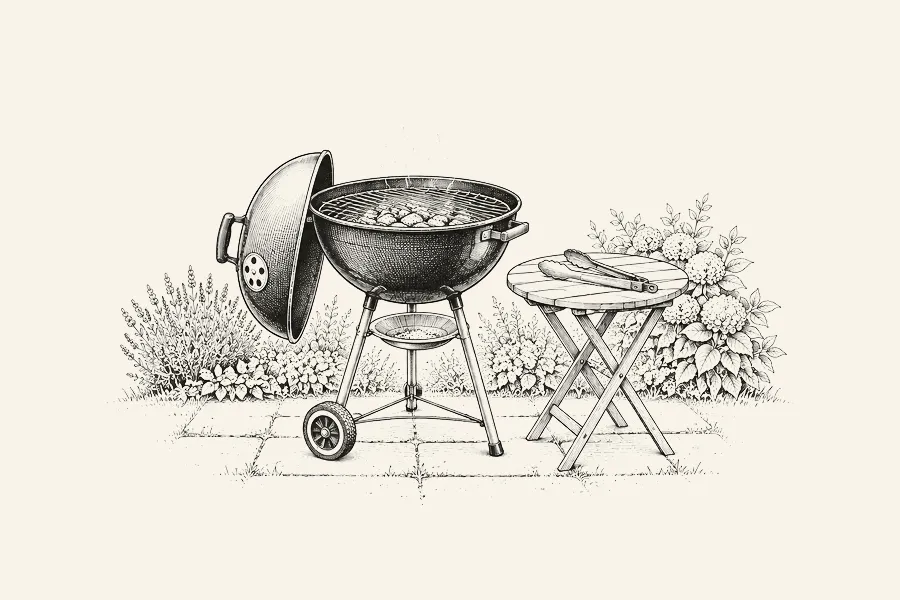 Dessin au trait : un barbecue à charbon rond à couvercle relevé, braises et grille visibles, sur une terrasse