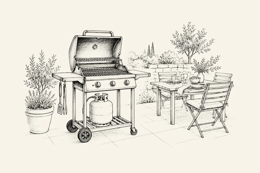 Dessin au trait : un barbecue à gaz sur chariot, couvercle relevé, bouteille de gaz rangée dessous, sur une terrasse