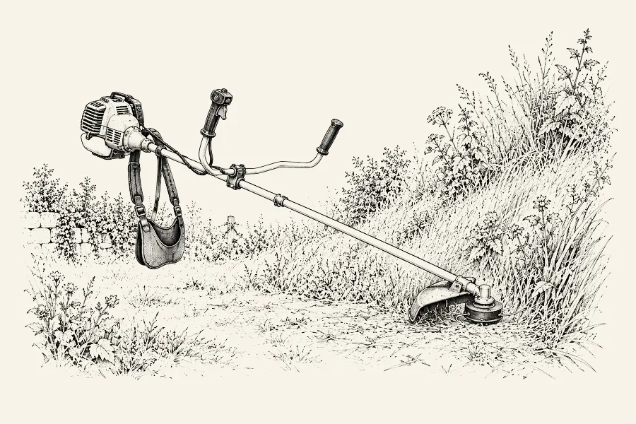 Dessin au trait : une débroussailleuse thermique à guidon et harnais coupant un talus d’herbes hautes