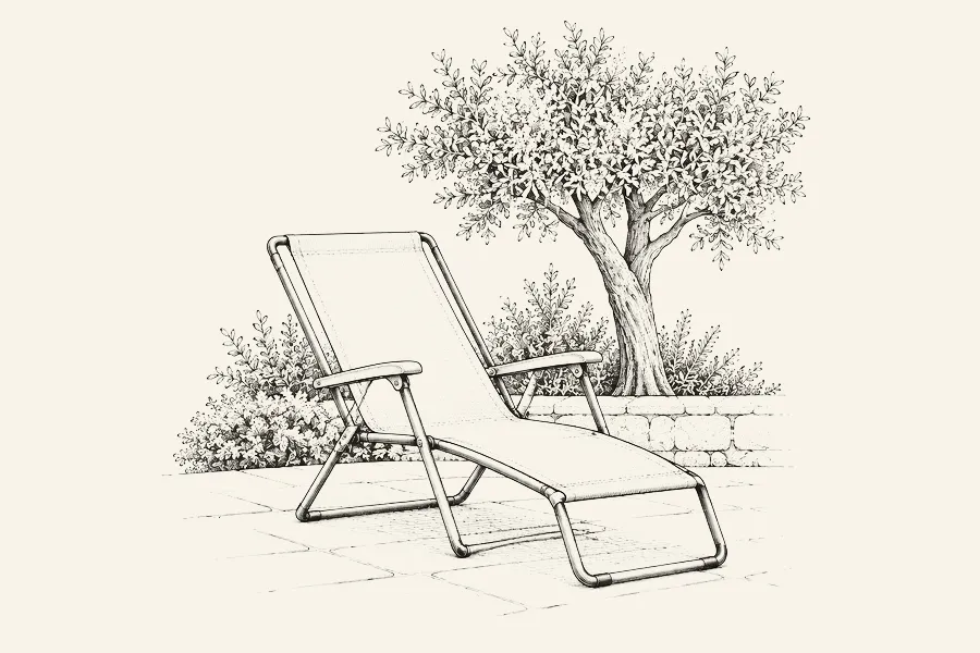Dessin au trait : un fauteuil relax à toile tendue, incliné, sur une terrasse
