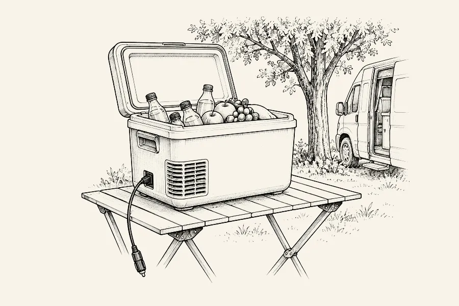 Dessin au trait : une glacière électrique à couvercle relevé sur une table de camping, câble pendant