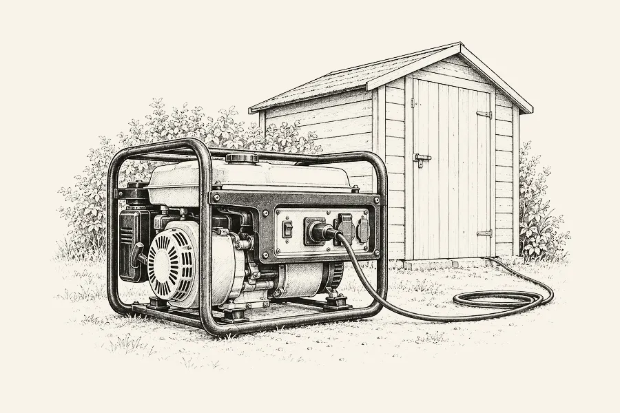 Dessin au trait : un groupe électrogène portable à cadre tubulaire devant un abri de jardin
