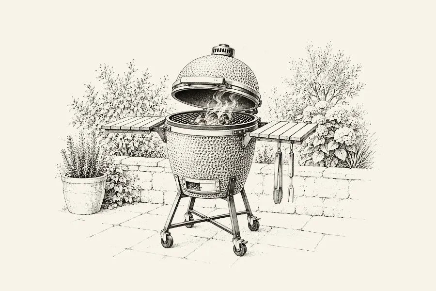 Dessin au trait : un barbecue kamado en céramique sur son support, couvercle entrouvert et filet de fumée