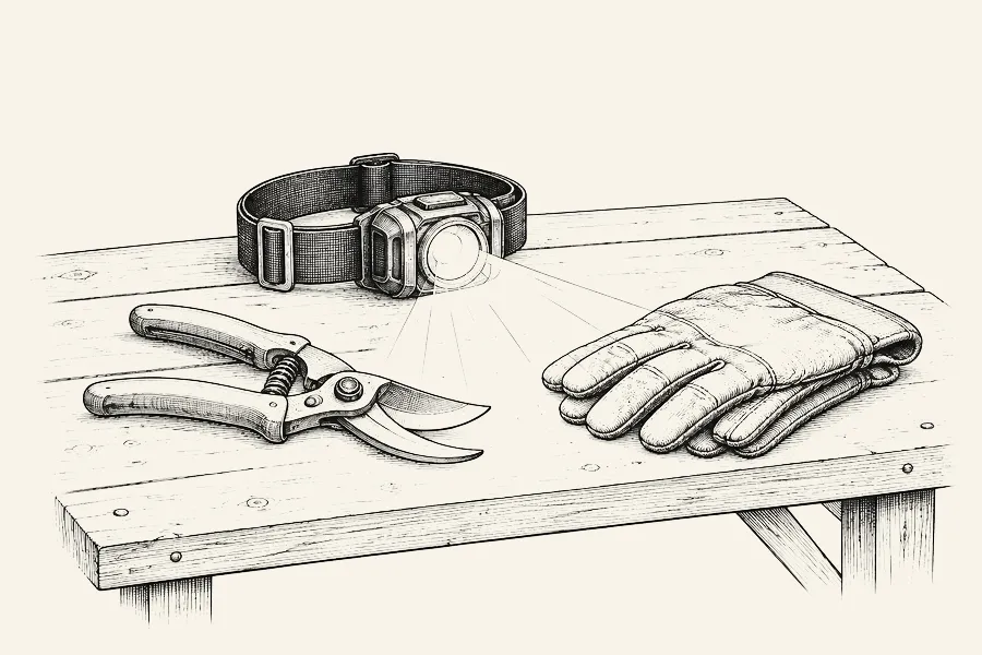 Dessin au trait : une lampe frontale posée sur un établi, son faisceau éclairant un sécateur et des gants