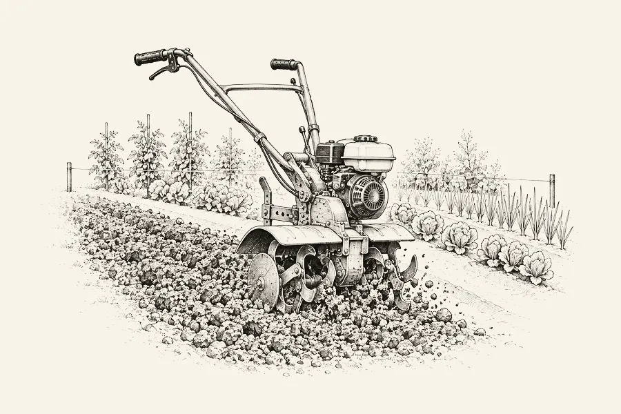 Dessin au trait : une motobineuse à guidon, fraises dans la terre, laissant une bande de terre retournée