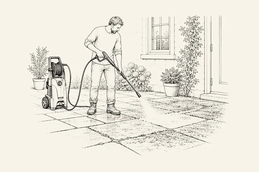 Dessin au trait : un nettoyeur haute pression sur roulettes et sa lance nettoyant une terrasse en dalles à moitié propre