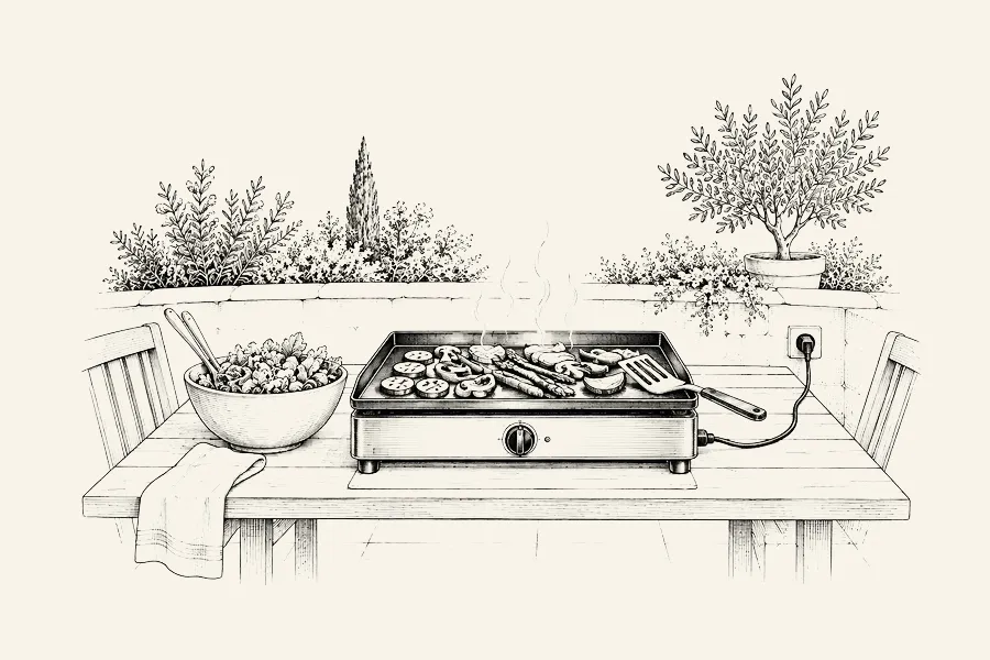 Dessin au trait : une plancha électrique sur une table de terrasse, câble branché, légumes en cuisson