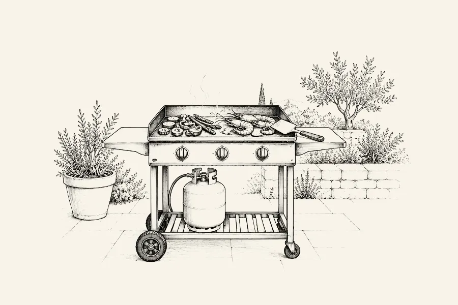 Dessin au trait : une plancha à gaz en inox, plaque chauffée avec des légumes et des gambas en cuisson