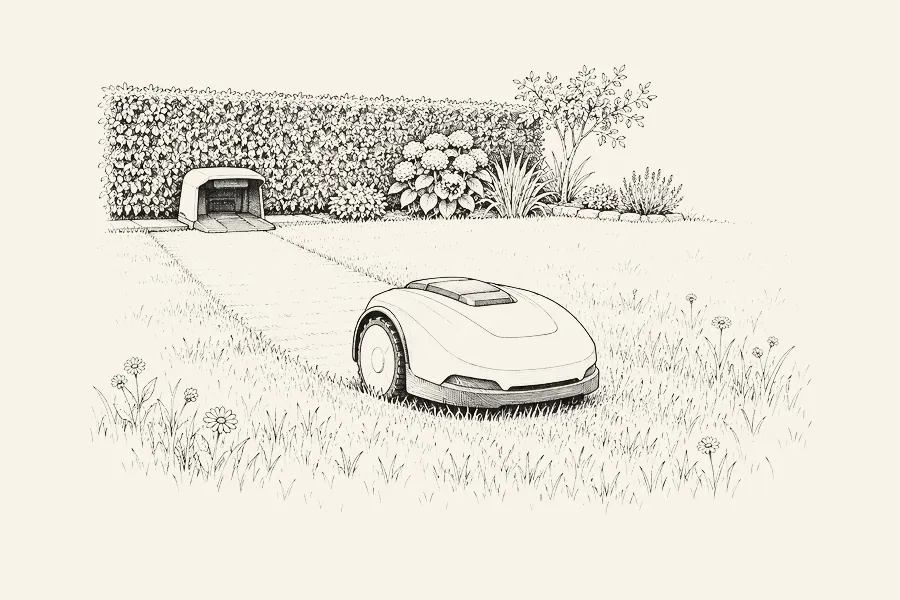 Dessin au trait : un robot tondeuse sur une pelouse et sa station de charge en bordure, contre une haie