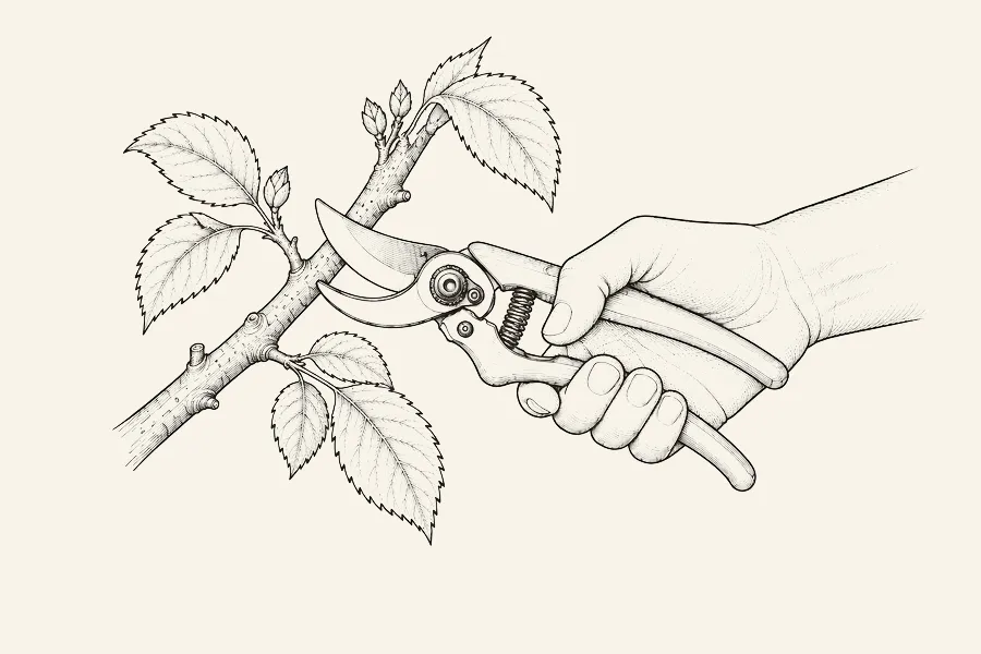 Dessin au trait : une main coupe une branche de pommier avec un sécateur manuel