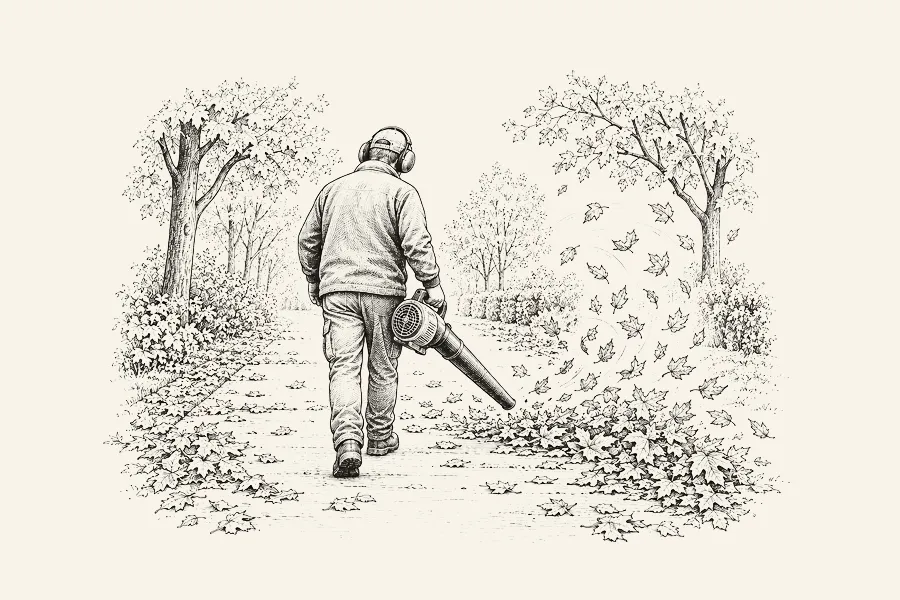 Dessin au trait : une personne casquée pousse des feuilles mortes avec un souffleur thermique à main