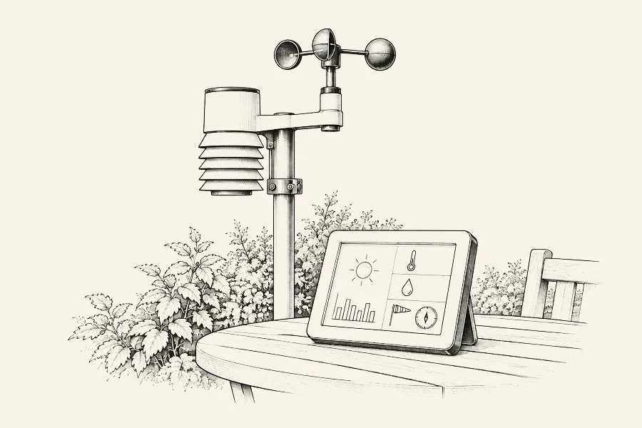 Dessin au trait : un écran de station météo sur une table et un capteur à anémomètre sur un mât