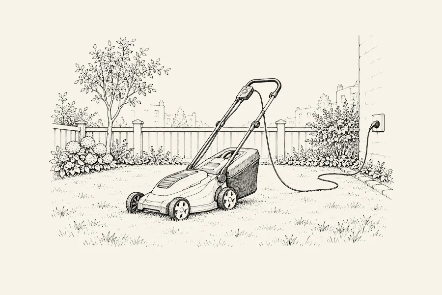 Dessin au trait : une tondeuse à gazon électrique et son câble sur une petite pelouse de ville