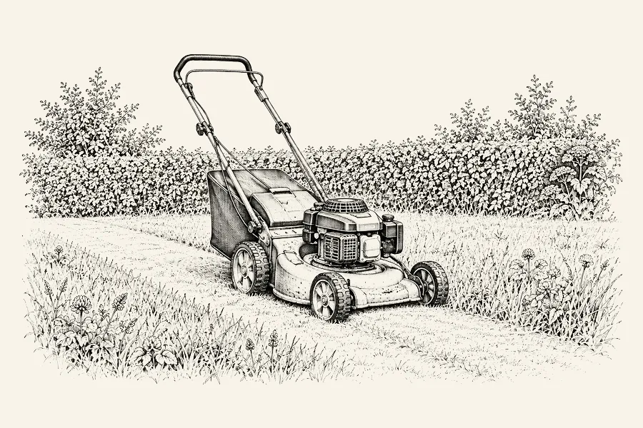 Dessin au trait : une tondeuse à gazon thermique avec bac de ramassage sur une pelouse à moitié tondue