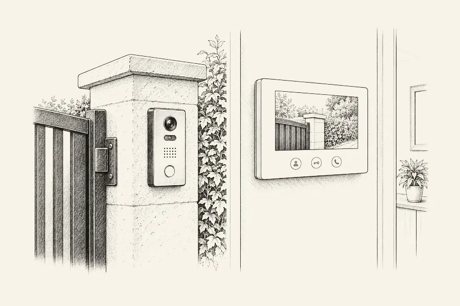 Dessin au trait : une platine de rue à côté d’un portail et un moniteur mural à l’intérieur