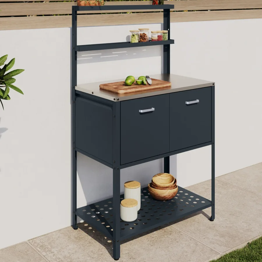 IDMarket PAREO — Meuble de cuisine extérieure 2 portes et 2 étagères suspendues (réf. 100737, référence interne 17832), visuel du fabricant