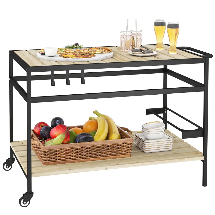 Outsunny 84B-999V00ND — Desserte de jardin chariot pour plancha, bois et métal, 2 étagères 3 crochets, visuel du fabricant